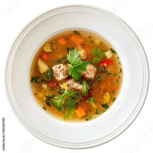 Hearty Meatball Vegetable Soup in White Bowl with Carrots, Celery, Bell Peppers, Parsley Garnish – Nutritious Homemade Comfort Food Photography