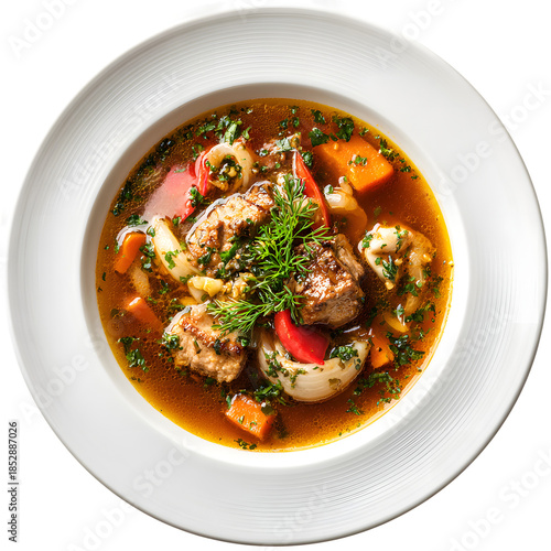 Hearty Meatball Vegetable Soup in White Bowl with Carrots, Celery, Bell Peppers, Parsley Garnish – Nutritious Homemade Comfort Food Photography