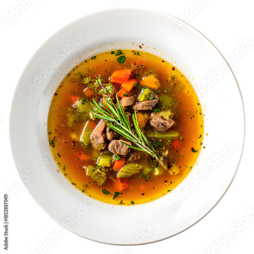Hearty Meatball Vegetable Soup in White Bowl with Carrots, Celery, Bell Peppers, Parsley Garnish – Nutritious Homemade Comfort Food Photography