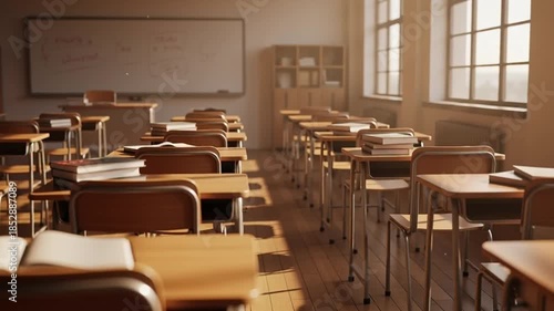 Wallpaper Mural Empty classroom with sunlight streaming through windows and neatly arranged desks with open books Torontodigital.ca
