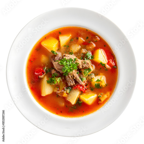 Hearty Meatball Vegetable Soup in White Bowl with Carrots, Celery, Bell Peppers, Parsley Garnish – Nutritious Homemade Comfort Food Photography