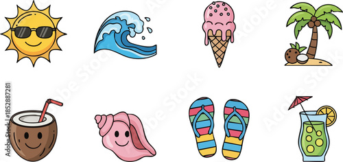 Summer vacation elements sun wave ice cream palm tree coconut shell flip flops cocktail.