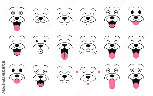 Dog Face Emotions Vector Set Happy, Sad, Angry, and Surprised Puppy Snout Expressions. Funny Pet Portrait Mascot Icons with Loving and Crying Kawaii Animal Characters.
