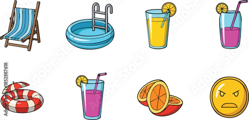 Summer Vacation Icons Beach Chair Pool Drinks Float Oranges and Angry Emoji.