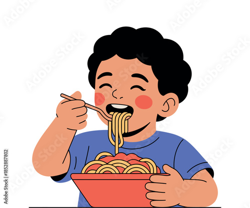A young boy happily eats a bowl of spaghetti with a fork, enjoying his meal.