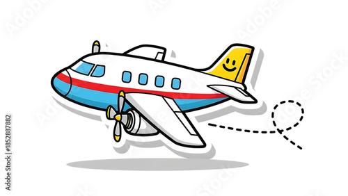 Colorful cartoon airplane with a smiley face and sneakers set on a transparent background 