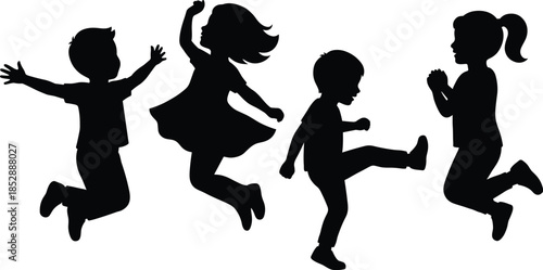 Silhouettes of children playing, jumping, dancing, kicking, clapping, expressive poses, black figures, joyful movement, childhood energy, white background, dynamic posture, fun