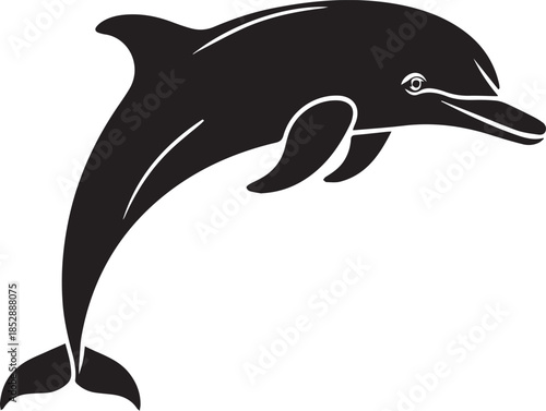 Minimal silhouette style vector dolphin logo design featuring clean black shapes, smooth flowing line art, modern minimalist marine animal icon ideal for branding, ocean conservation projects, aquatic