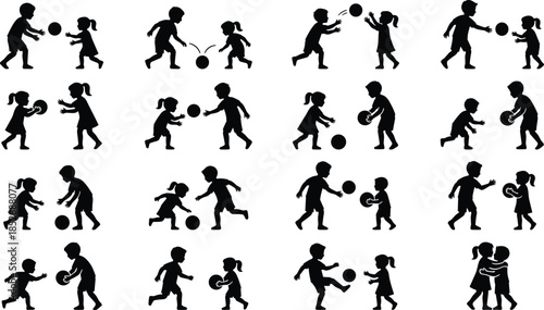 Silhouettes of children playing with ball, boy and girl interaction, physical activity, social play, black figures, dynamic poses, educational, fun, grid layout