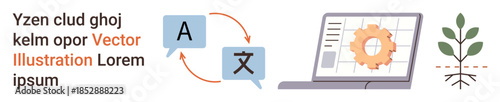 Language learning, translation tools, digital technology, workflow optimization, software interface, eco-conscious initiatives. Icons of translation, gear settings and a growing plant. Language