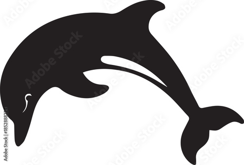 Minimal silhouette style vector dolphin logo design featuring clean black shapes, smooth flowing line art, modern minimalist marine animal icon ideal for branding, ocean conservation projects, aquatic