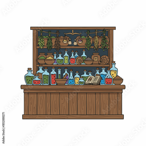 alchemist potion shop counter illustration