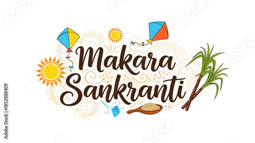 Makara Sankranti festival illustration with kites and sun  