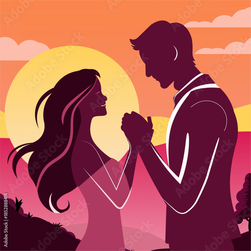 Romantic Couple Silhouette at Sunset. Propose Day.	
