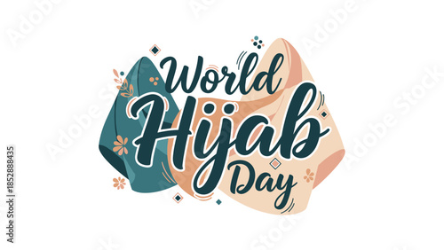 World Hijab Day decorative text with colorful scarf illustrations  