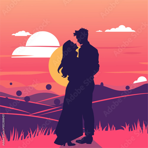 Romantic Couple Silhouette at Sunset. Propose Day.	