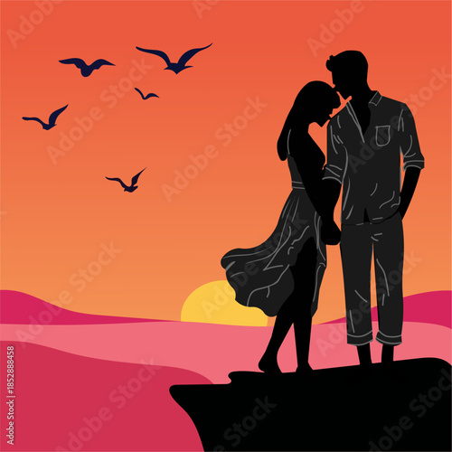 Romantic Couple Silhouette at Sunset. Propose Day.	