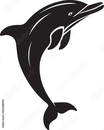 Minimal silhouette style vector dolphin logo design featuring clean black shapes, smooth flowing line art, modern minimalist marine animal icon ideal for branding, ocean conservation projects, aquatic