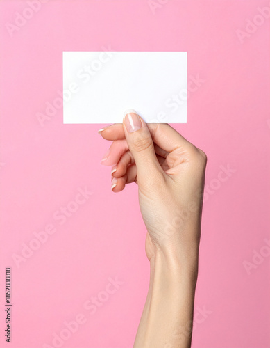 A person woman holding a blank white business card or empty paper sheet in her hands to show a message or advertisement poster sign