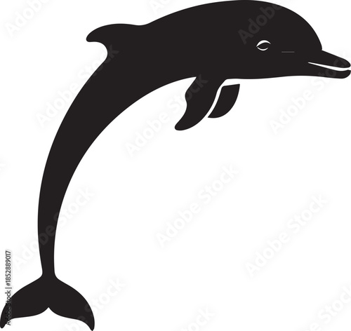 Minimal silhouette style vector dolphin logo design featuring clean black shapes, smooth flowing line art, modern minimalist marine animal icon ideal for branding, ocean conservation projects, aquatic