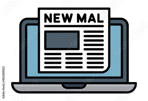 Laptop screen displaying a newspaper with the headline 'NEW MAL'