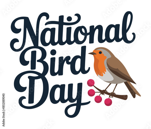 National Bird Day European Robin bird perched on branch with red berries vector illustration isolated on white