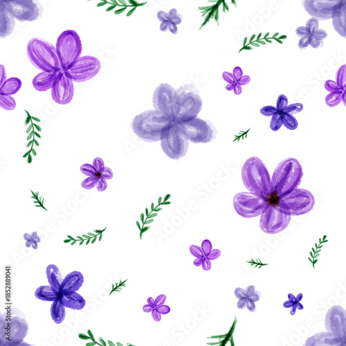 Watercolor purple flowers seamless pattern with green leaves. Hand painted floral background for fabric, wallpaper, and wrapping paper design