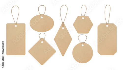 Realistic craft paper labels set on string. Blank price tags and branding card mockups in round, square, rectangular, oval and rhombus shapes. Vector kraft carton tags isolated on transparent backgrou
