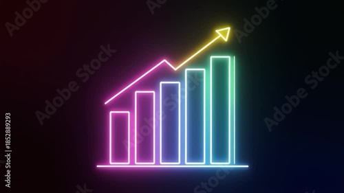 Neon bar graph with rising arrow and colorful bars on black background glowing