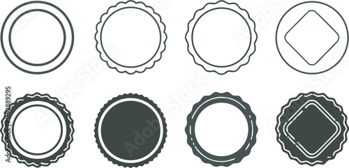 Eight outline and solid circular badges and labels
