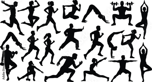 Silhouettes of people exercising, fitness poses, running, jumping, stretching, yoga, weightlifting, lunging, dynamic movement, black figures, health, sports training, physical activity