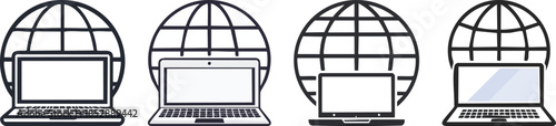 Global workspace icon showing laptop and globe representing digital remote worldwide connectivity