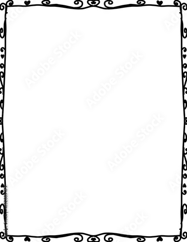 Hand drawn doodle border frame with hearts and swirls, black ink decorative vertical rectangular edge on white background, romantic sketch ornament for wedding cards and invitations.