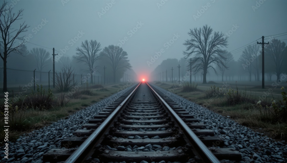 Obraz premium Eerie Railroad Tracks Disappearing into Fog: A Journey into the Unknown with Moody Lighting and a Faint Red Glow