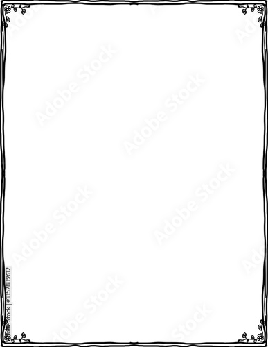 Minimalist hand drawn floral border frame, decorative vertical rectangular line edge with cute flower corners on white background, simple botanical ornament for letters and invitations.