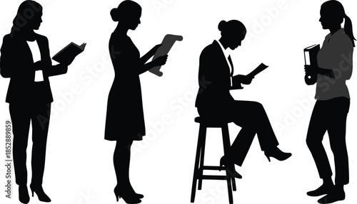 Silhouettes of people reading, holding documents, academic posture, formal attire, scroll, book, stool, folders, education, research, intellectual activity, black figures
