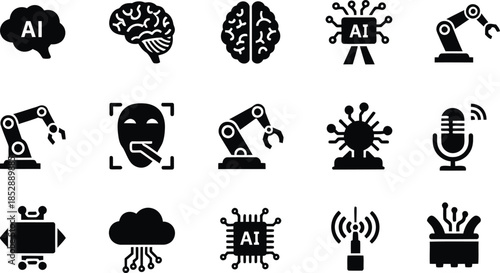 Artificial Intelligence web icons in line style, artificial intelligence icon set, ai ethics line editable icons, AI neural brain, data algorithms, generative automation, circuits, vector illustration