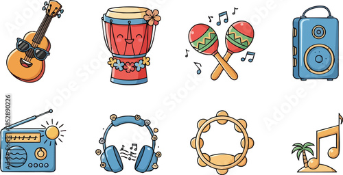 Vibrant collection of hand drawn musical instrument icons.