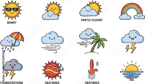 Weather Icons Set Sunny Cloudy Rainbow Thunderstorm Heatwave and More.