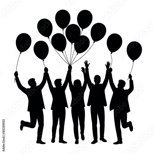 A diverse group of people celebrates together, holding a cluster of balloons aloft in a joyful moment.