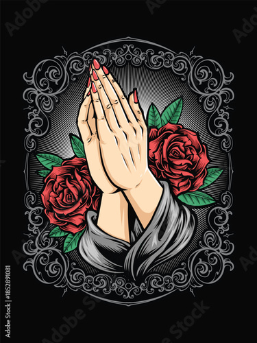 praying hand gesture with red roses illustration