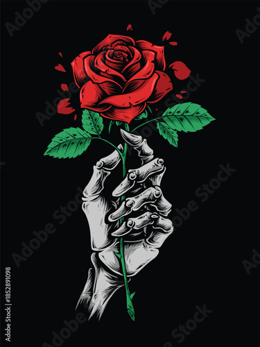 skeleton hand holding red rose illustration
