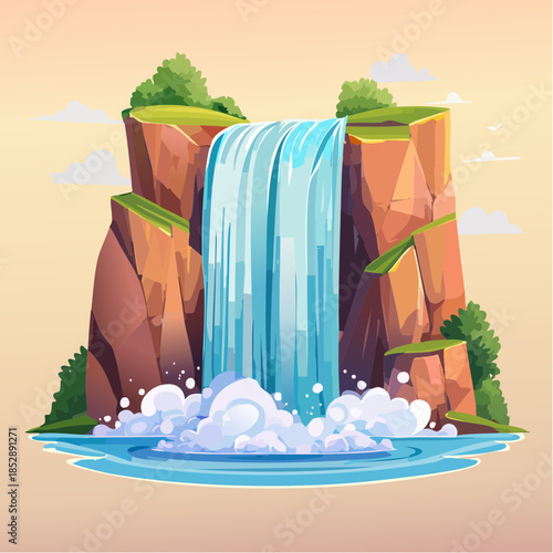Cartoon waterfall cascading down rocky cliffs into a pool of water, surrounded by greenery and clouds.