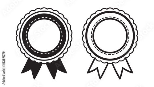 Two circular badges with decorative edges and ribbons