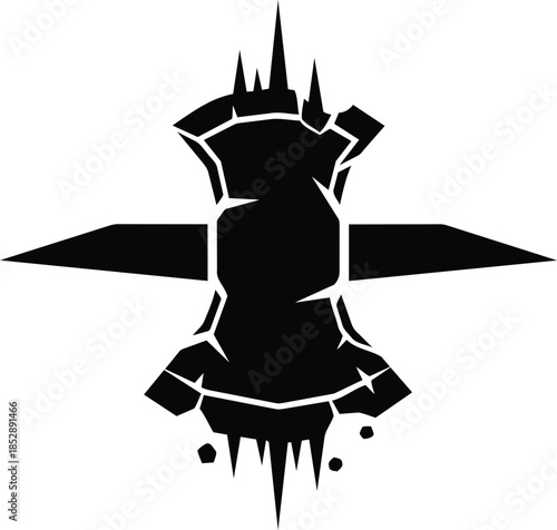 Abstract black and white symbol with jagged edges and sharp points.