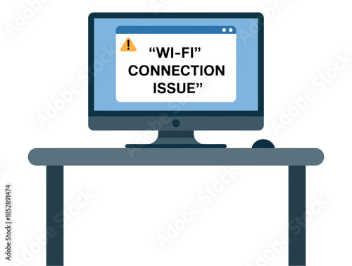 A computer screen displays a "Wi-Fi connection issue" warning message on a desk.