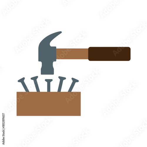 A hammer is poised to strike multiple nails embedded in a piece of wood.