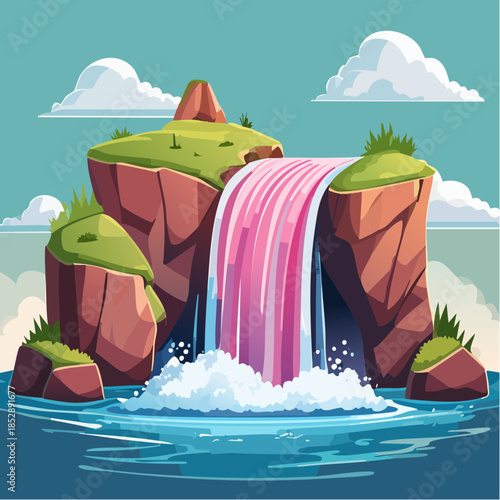 Cartoon illustration of a pink waterfall cascading from rocky islands into a blue body of water under a cloudy sky.