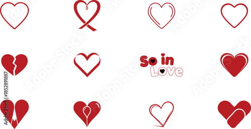 Collection of red and white heart symbols and love phrase