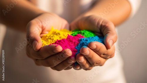 Wallpaper Mural Hands holding colorful powder for Holi festival. Traditional Indian celebration with vibrant gulal paint. Close up of palms with yellow, pink, green and blue dust Torontodigital.ca
